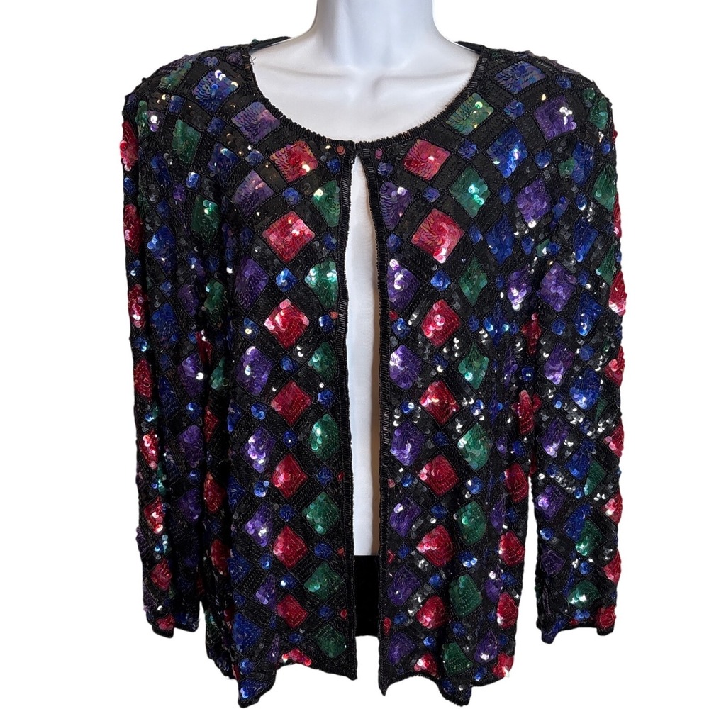 Vintage PATRA Womens Beaded‎ Sequin Evening Jacket Sz 10 Silk Dressy Black Tie
